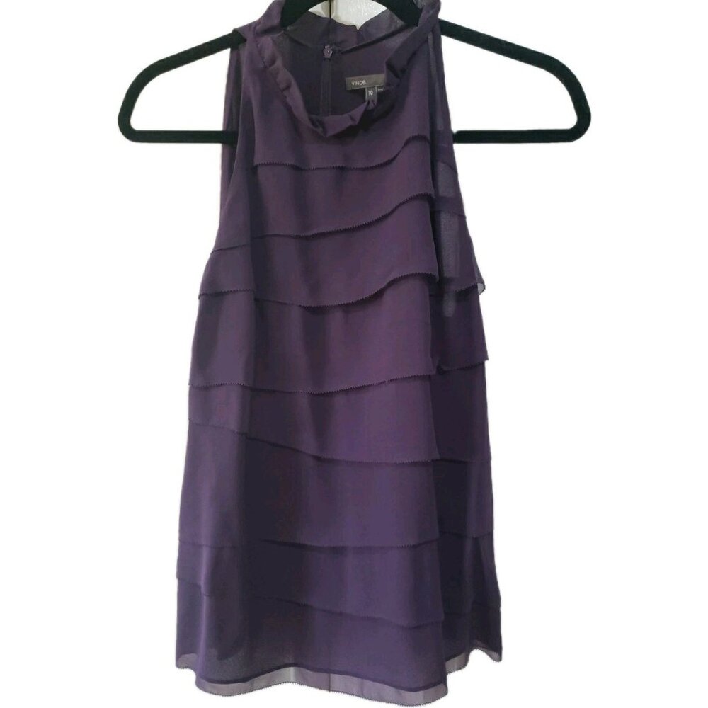 Vince Silk Top Blouse Halter Purple Tiered  Sheer Chiffon Sz 10 Night Out Work
